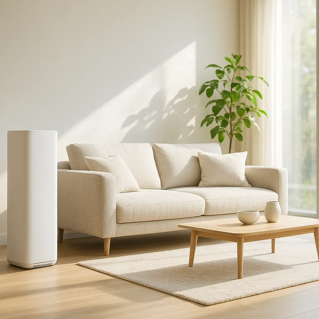 Helles Wohnzimmer mit Luftreiniger